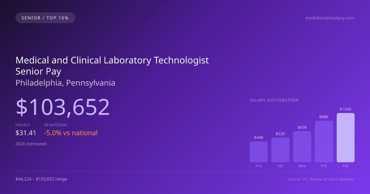 Medical and Clinical Laboratory Technologist Senior Salary in Philadelphia, PA — 2026 est., based on 2025 BLS
