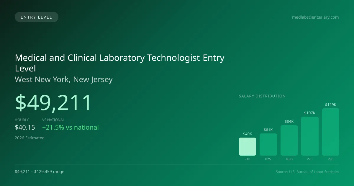 Medical and Clinical Laboratory Technologist Entry Level Salary in West New York, NJ — 2026 est., based on 2025 BLS